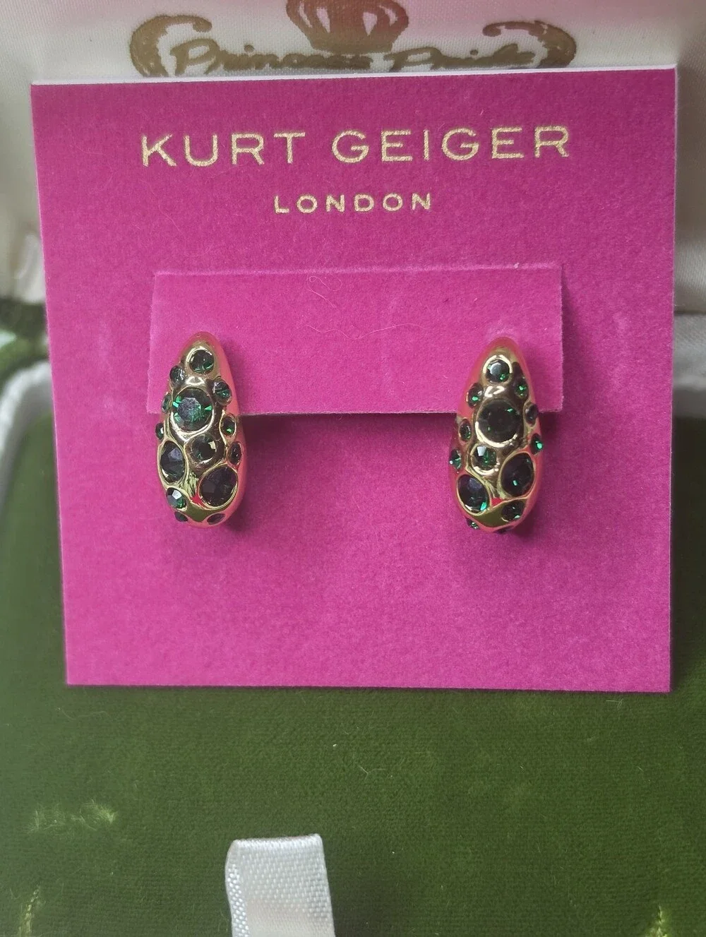 Kurt Geiger Gold Huggie Hoop Earrings with Green Stones